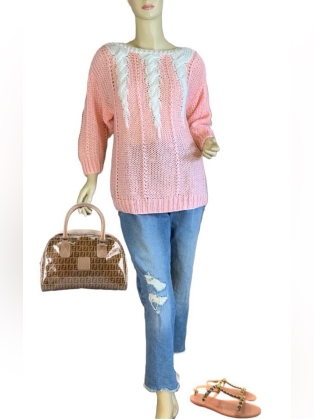 Vintage 1980's Deb Hand Knitted Pink And Cream Sweater (S)